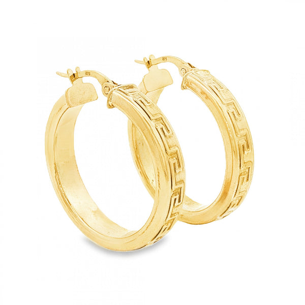 9ct Yellow Gold Hollow Greek Key Hoop Earrings - 5x27x26mm -2.8g
