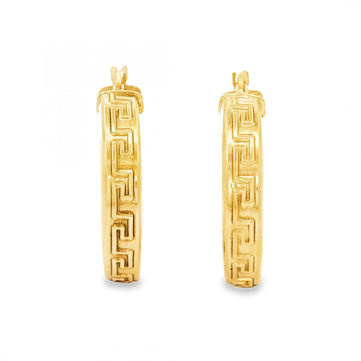 9ct Yellow Gold Hollow Greek Key Hoop Earrings - 5x27x26mm -2.8g