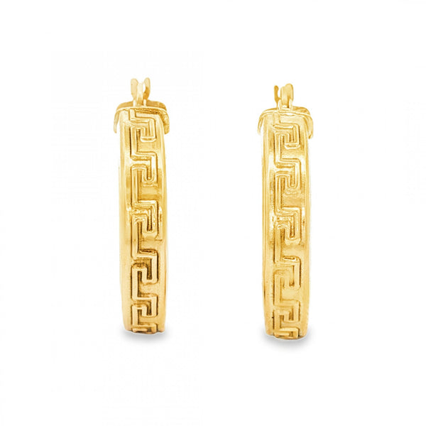 9ct Yellow Gold Hollow Greek Key Hoop Earrings - 5x27x26mm -2.8g
