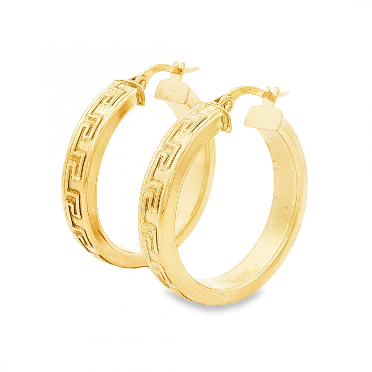 9ct Yellow Gold Hollow Greek Key Hoop Earrings - 5x27x26mm -2.8g