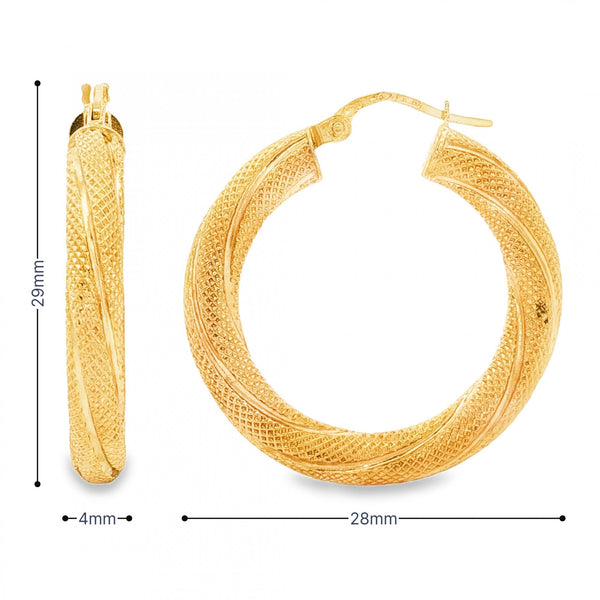 9ct Yellow Gold Patterned Twist Tube Hoop Earrings - 4x29x28mm
