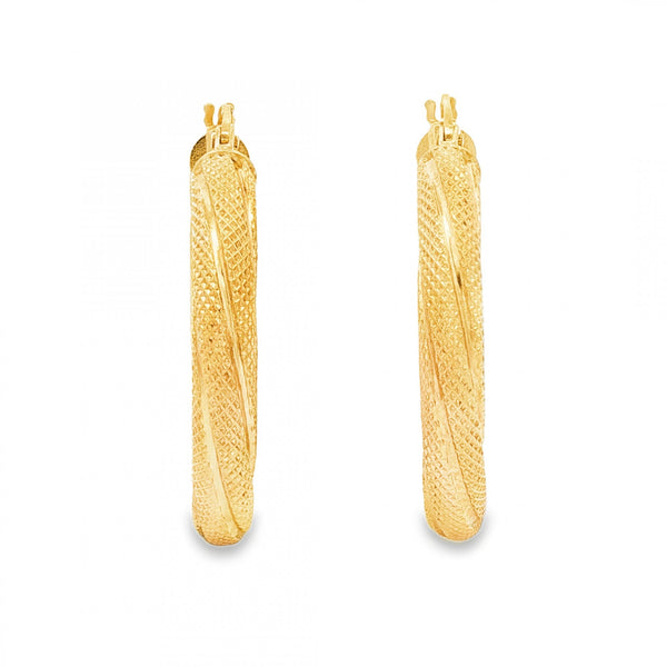 9ct Yellow Gold Patterned Twist Tube Hoop Earrings - 4x29x28mm