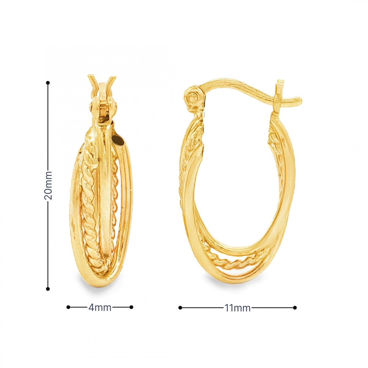 9ct Yellow Gold Triple Tube Hoop Earrings - 4x20x11mm - 1.4g