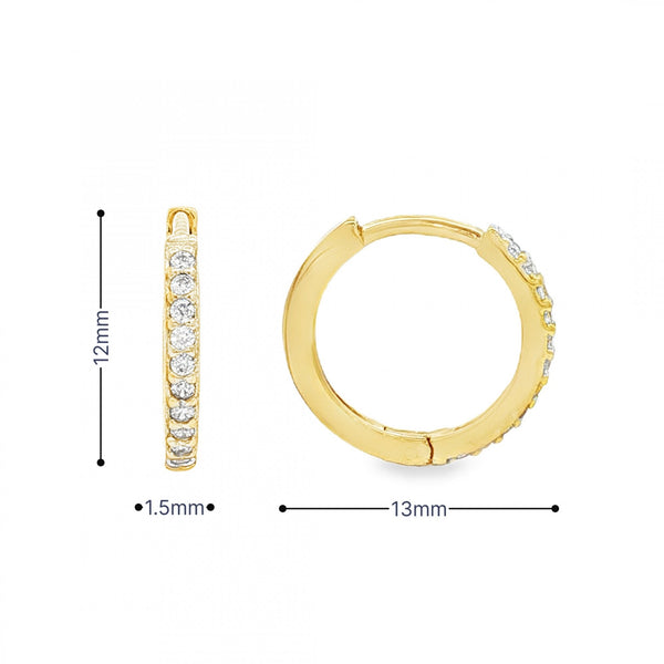 9ct Yellow Gold Cubic Zirconia Hoop Earrings - 1.5x12x13mm -1.3g