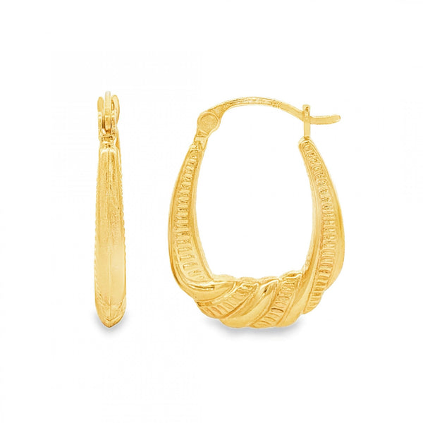 9ct Yellow Gold Patterned Oval Hoop Earrings - 3x23x17mm - 1.4g