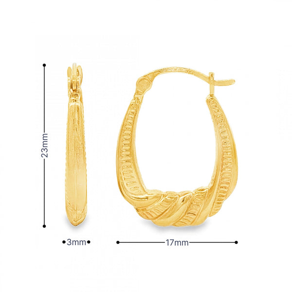 9ct Yellow Gold Patterned Oval Hoop Earrings - 3x23x17mm - 1.4g
