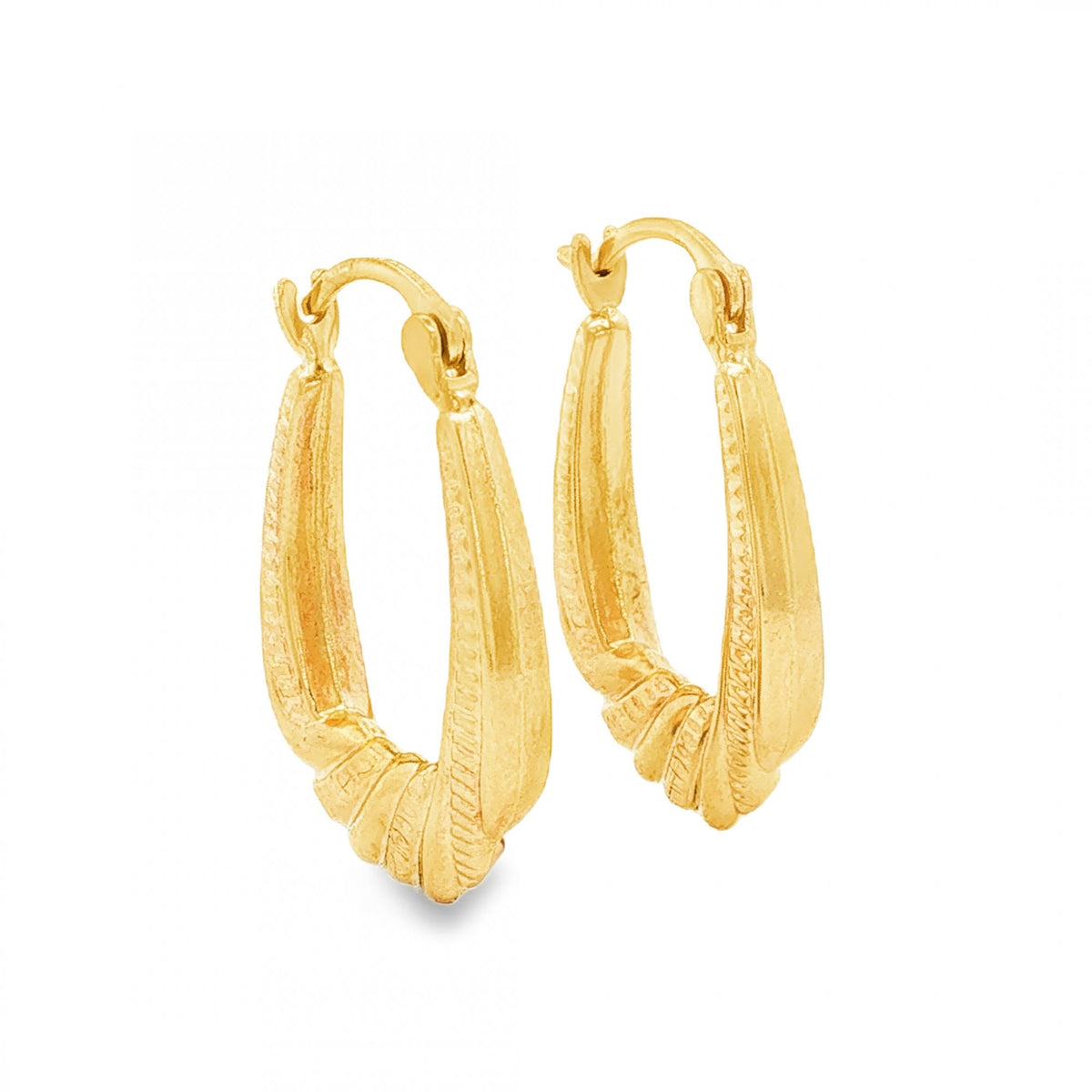 9ct Yellow Gold Patterned Oval Hoop Earrings - 3x23x17mm - 1.4g