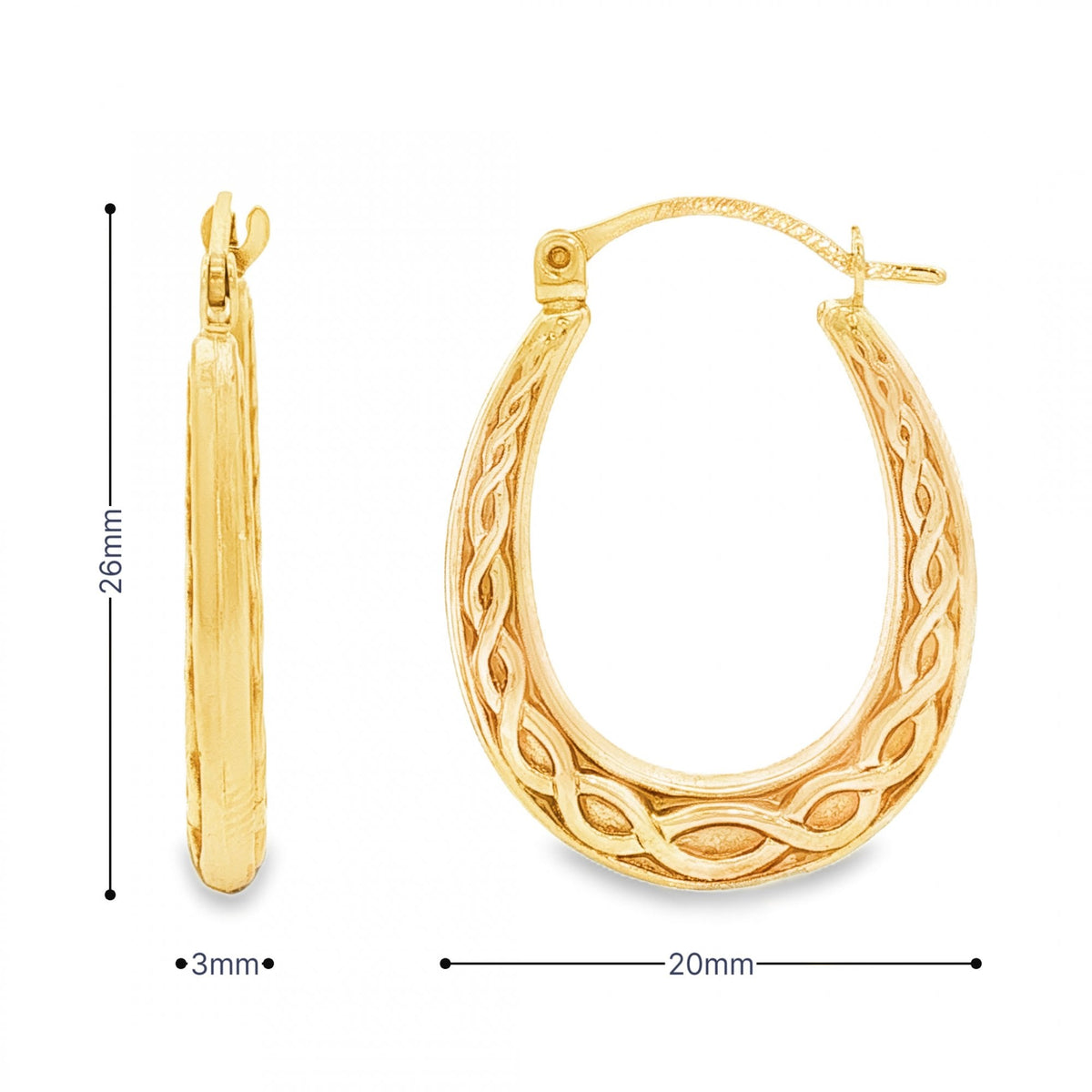 9ct Yellow Gold Oval Coil-Pattern Hoop Earrings -3x26x20mm -1.2g