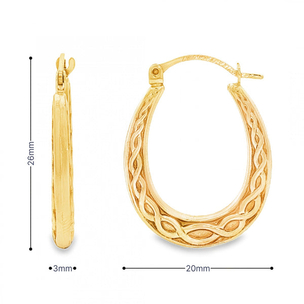 9ct Yellow Gold Oval Coil-Pattern Hoop Earrings -3x26x20mm -1.2g