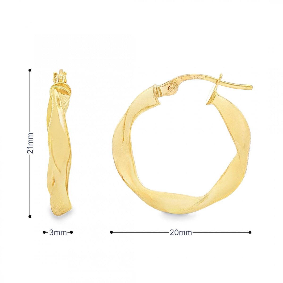 9ct Yellow Gold Twist Ribbon Hoop Earrings - 3x21x20mm - 1.2g