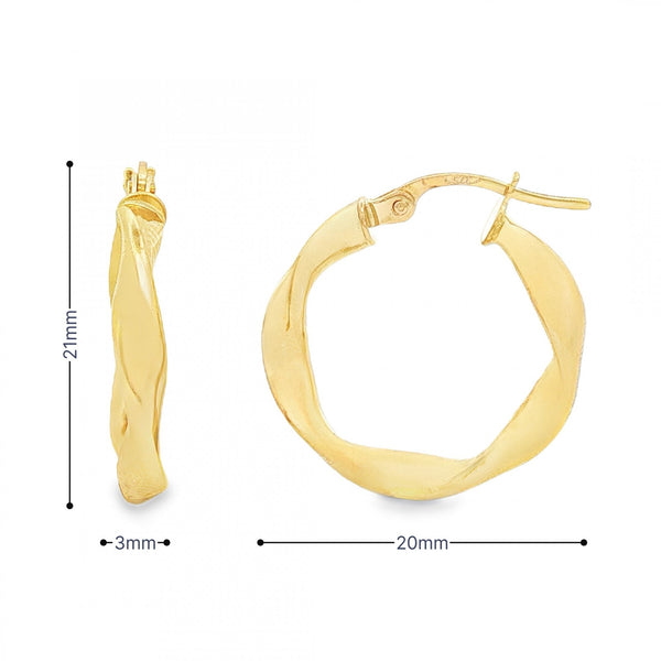 9ct Yellow Gold Twist Ribbon Hoop Earrings - 3x21x20mm - 1.2g