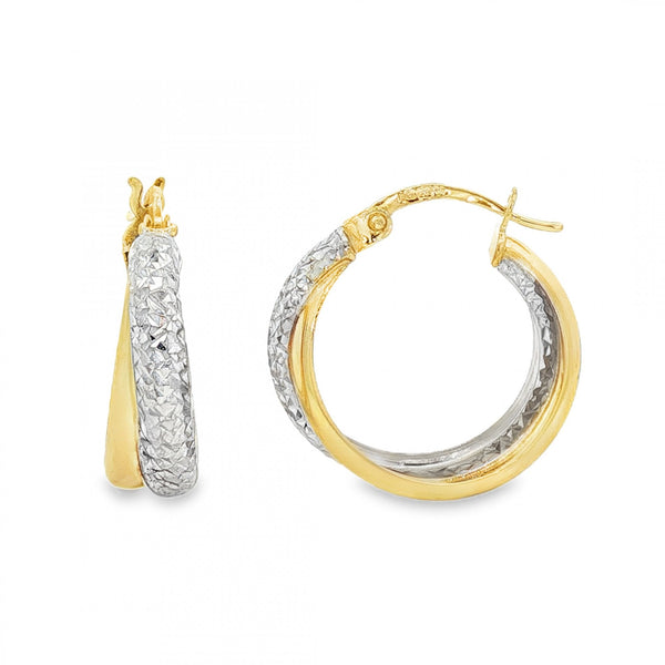9ct Yellow & White Gold Double-Tube Twist Hoop Earrings - 1.9g