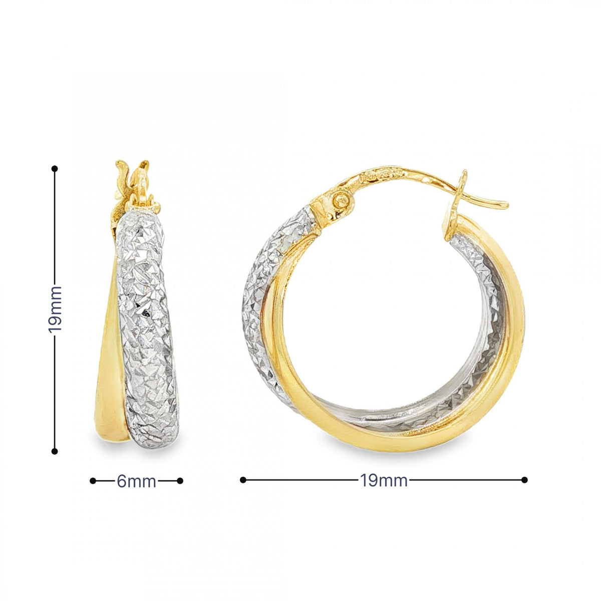 9ct Yellow & White Gold Double-Tube Twist Hoop Earrings - 1.9g