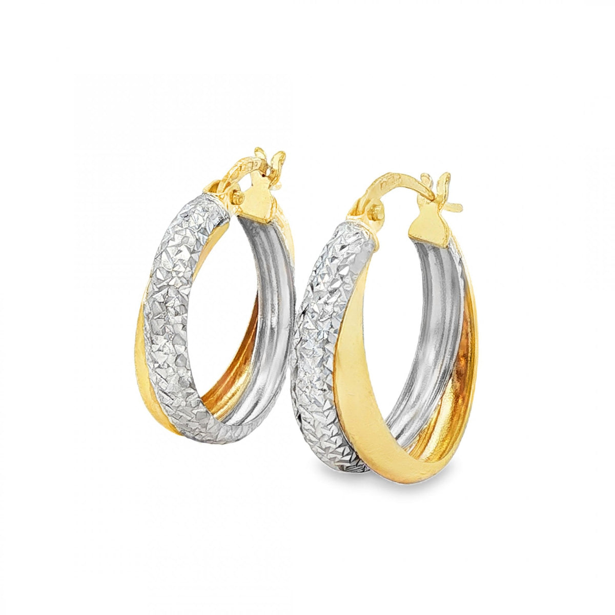 9ct Yellow & White Gold Double-Tube Twist Hoop Earrings - 1.9g