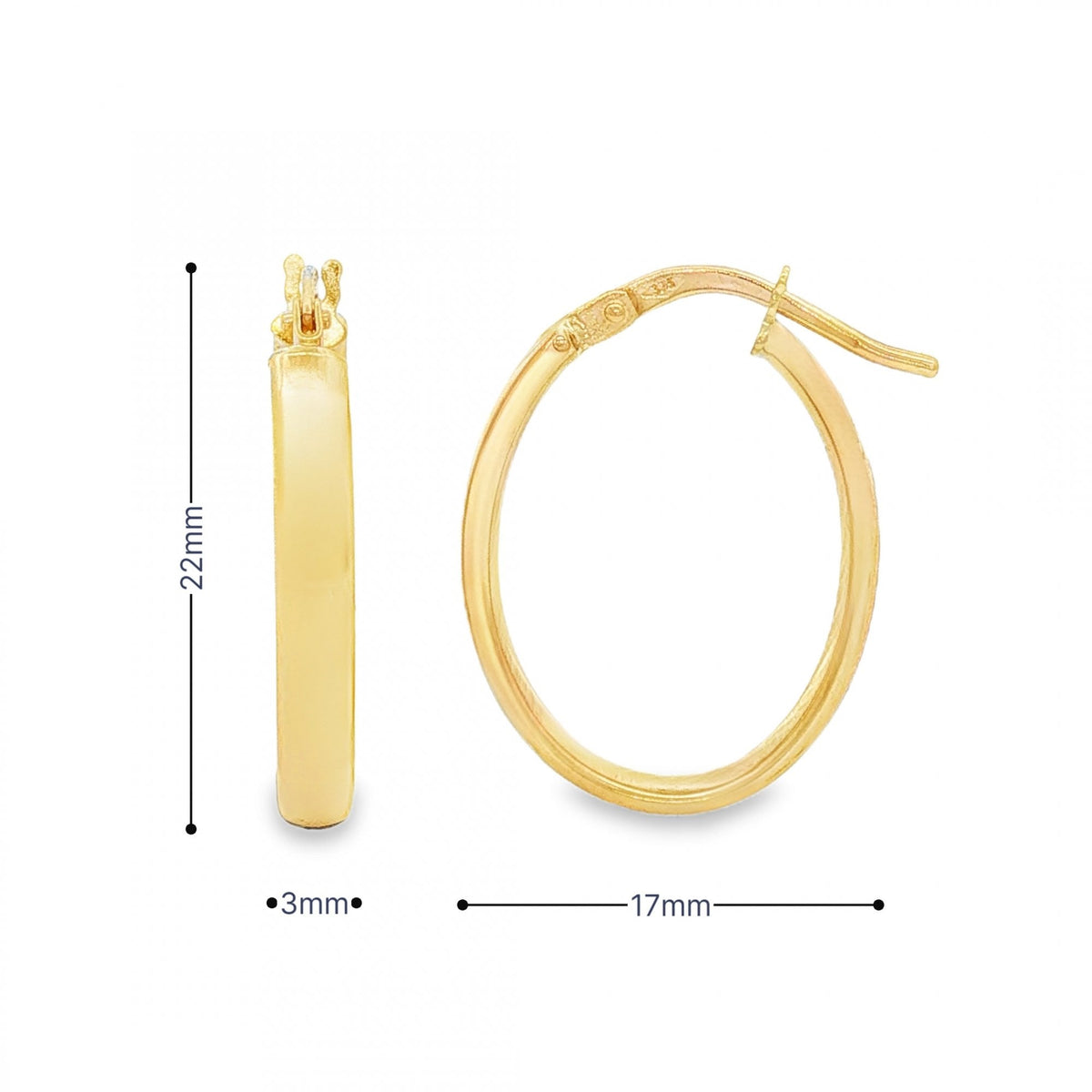 9ct Yellow Gold Fine Oval Court Hoop Earrings - 3x22x17mm - 1.1g