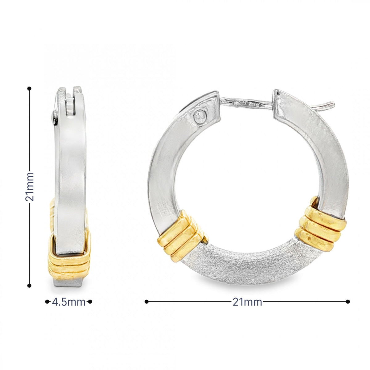 9ct White & Yellow Gold Square Tube Hoop Earrings - 4.5x21x21mm