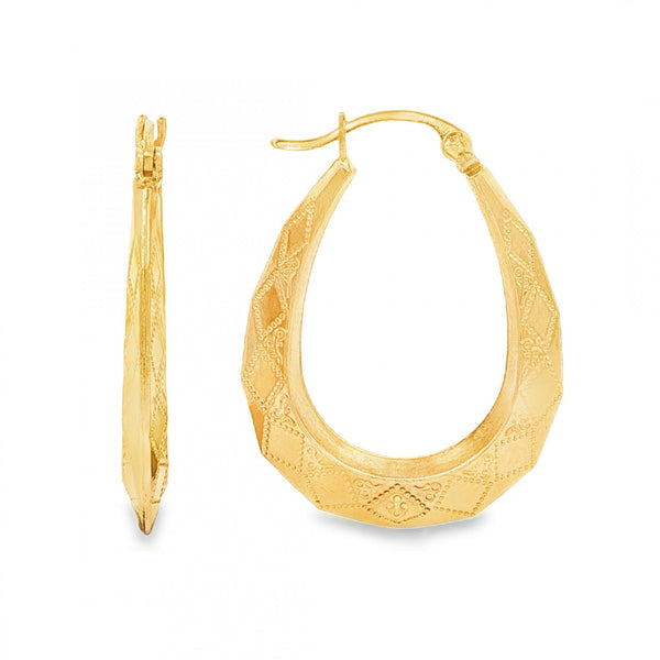 9ct Yellow Gold Graduated Diamond-Pattern Hoop Earrings - 1.8g