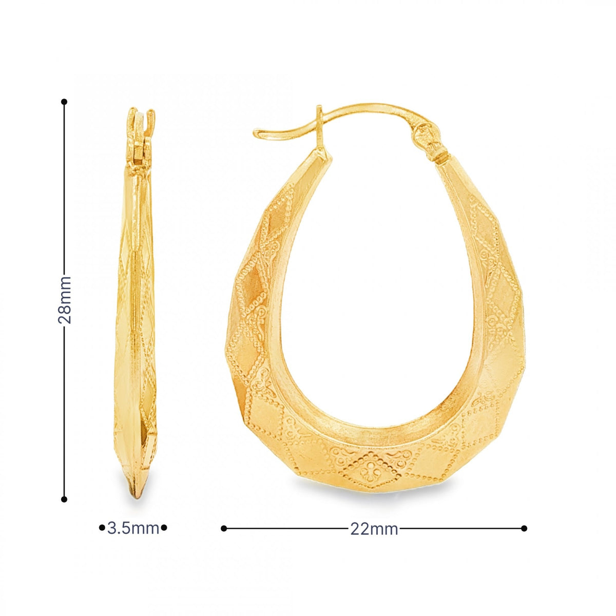 9ct Yellow Gold Graduated Diamond-Pattern Hoop Earrings - 1.8g