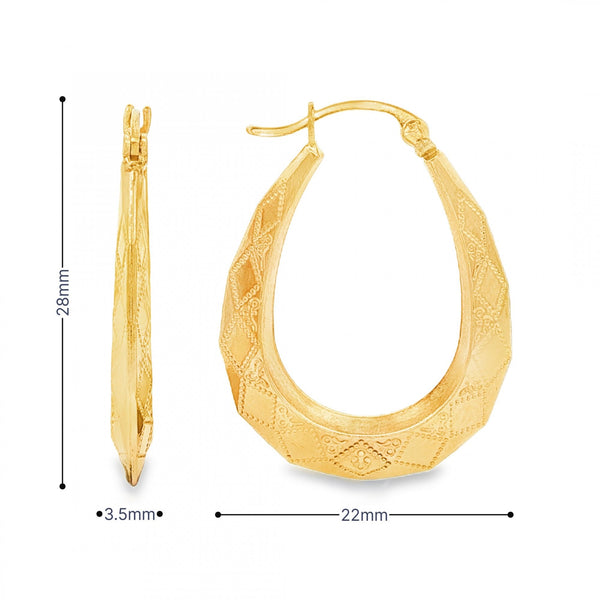 9ct Yellow Gold Graduated Diamond-Pattern Hoop Earrings - 1.8g