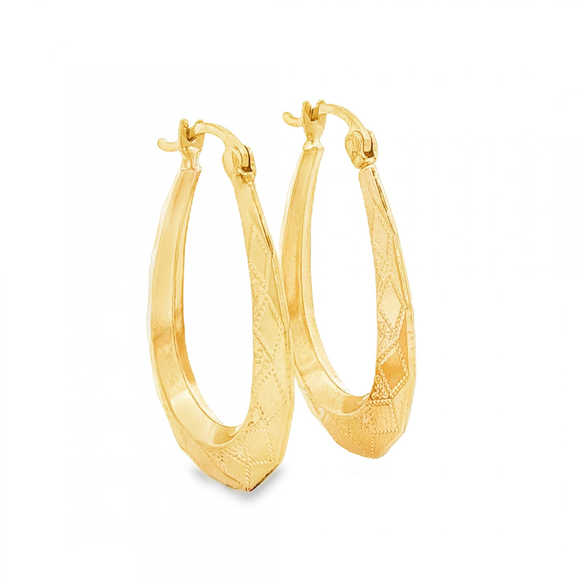 9ct Yellow Gold Graduated Diamond-Pattern Hoop Earrings - 1.8g