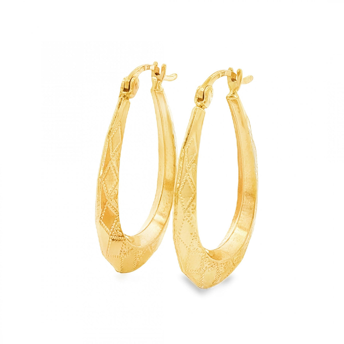 9ct Yellow Gold Graduated Diamond-Pattern Hoop Earrings - 1.8g