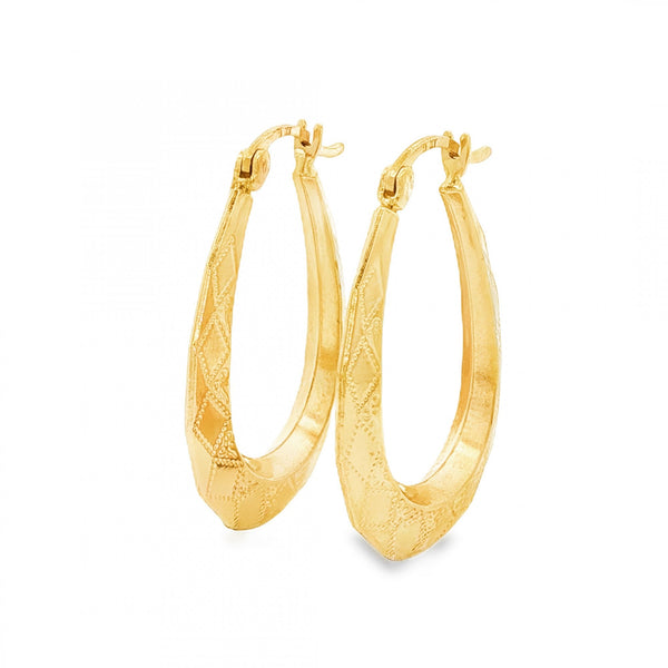 9ct Yellow Gold Graduated Diamond-Pattern Hoop Earrings - 1.8g