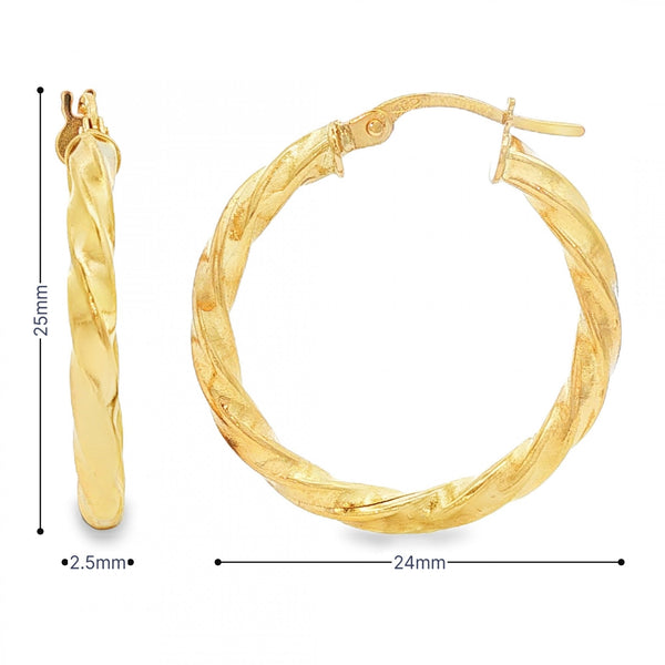 9ct Yellow Gold Twist Hoop Earrings - 2.5x25x24mm - 1.3g