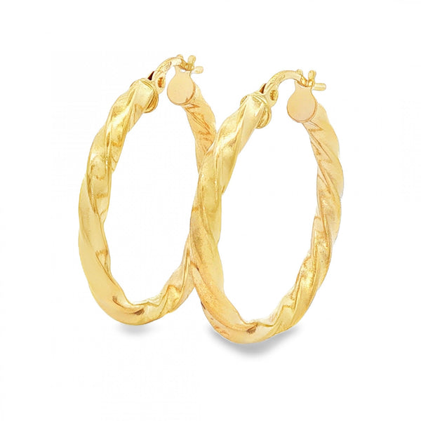 9ct Yellow Gold Twist Hoop Earrings - 2.5x25x24mm - 1.3g