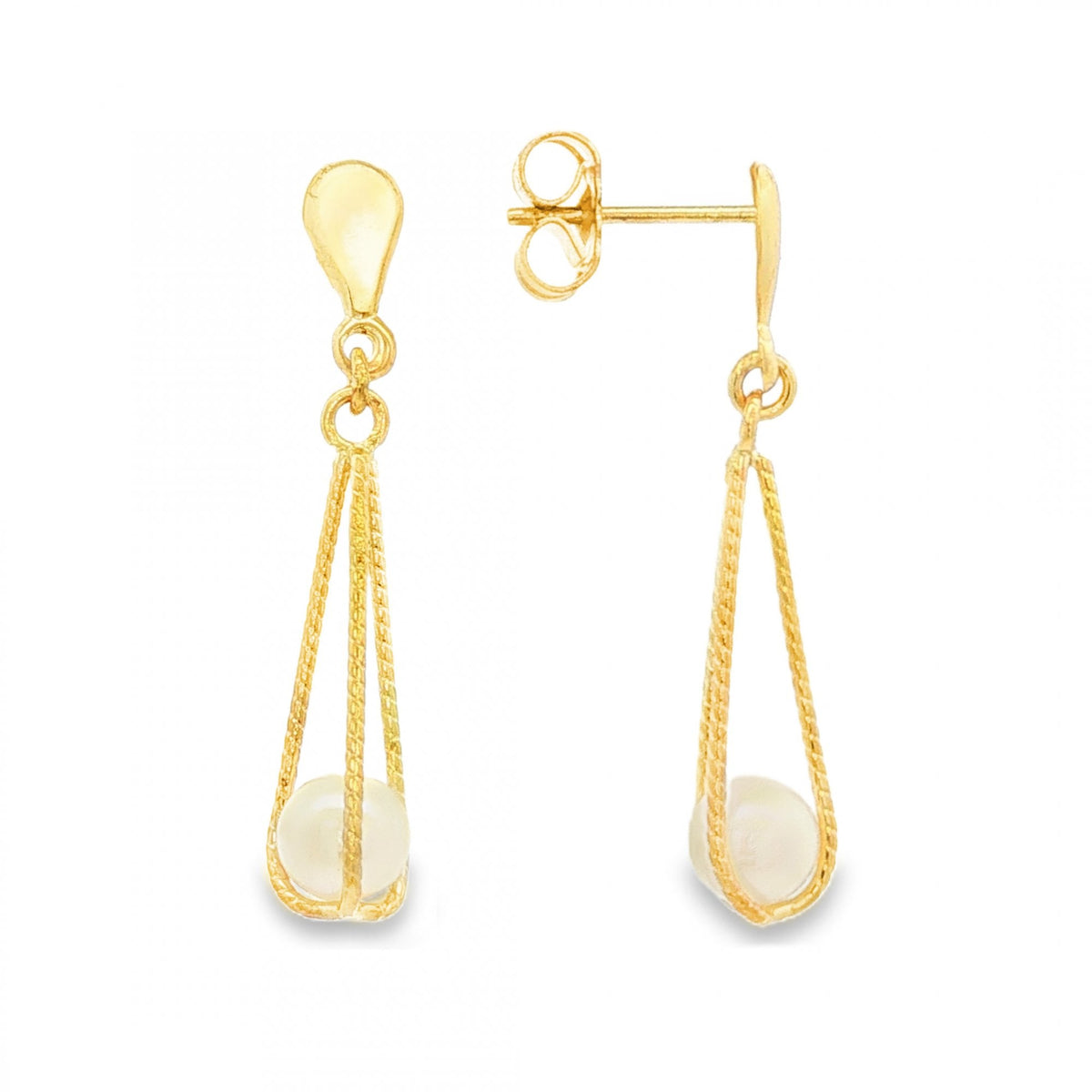 9ct Yellow Gold Pearl Twist Cage Drop Earrings - 5x26x6mm - 1.1g