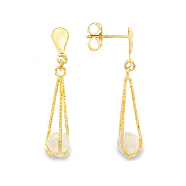 9ct Yellow Gold Pearl Twist Cage Drop Earrings - 5x26x6mm - 1.1g