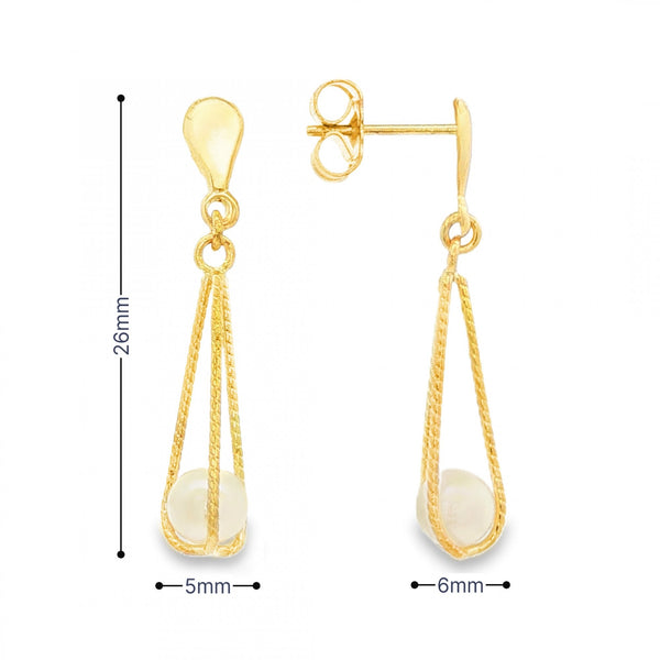 9ct Yellow Gold Pearl Twist Cage Drop Earrings - 5x26x6mm - 1.1g
