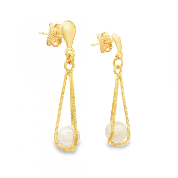 9ct Yellow Gold Pearl Twist Cage Drop Earrings - 5x26x6mm - 1.1g