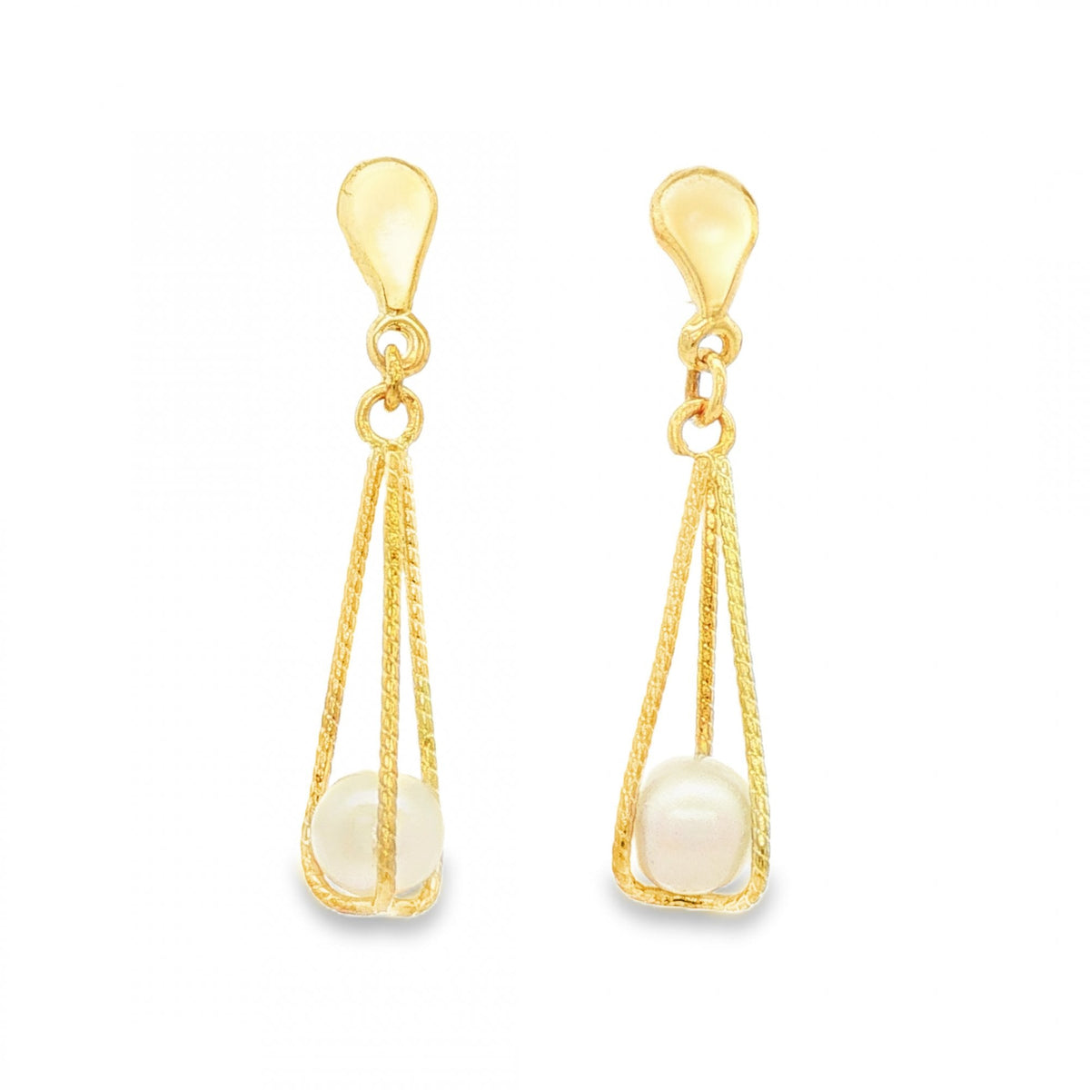 9ct Yellow Gold Pearl Twist Cage Drop Earrings - 5x26x6mm - 1.1g
