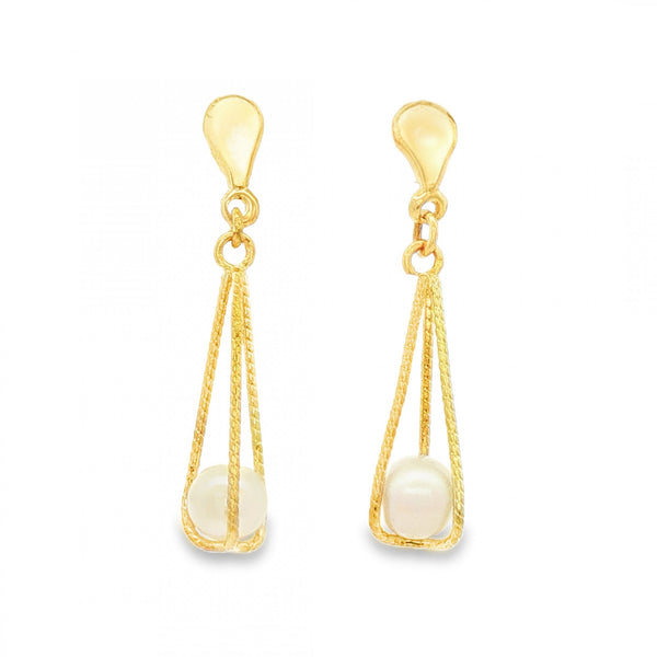 9ct Yellow Gold Pearl Twist Cage Drop Earrings - 5x26x6mm - 1.1g