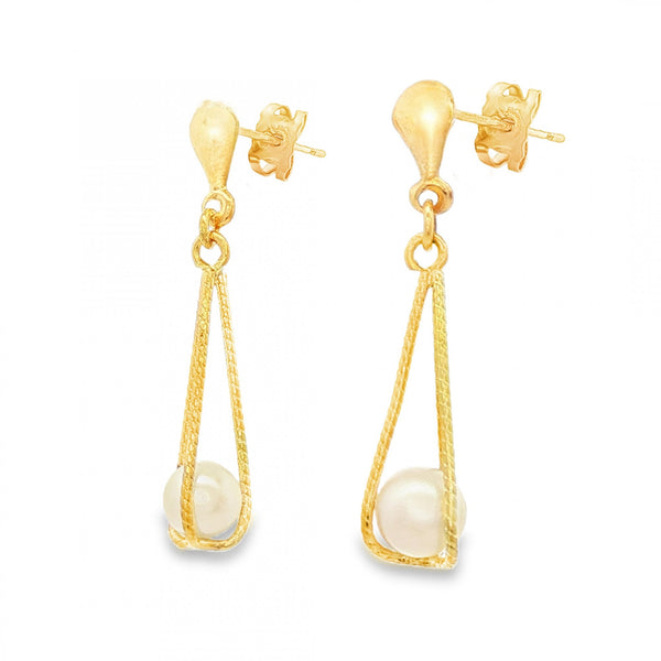 9ct Yellow Gold Pearl Twist Cage Drop Earrings - 5x26x6mm - 1.1g