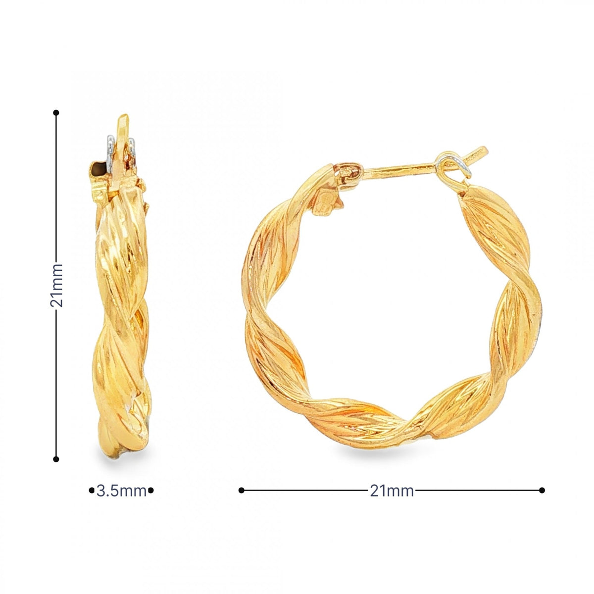 9ct Yellow Gold Twist Ribbon Hoop Earrings - 3.5x21x21mm - 2.0g