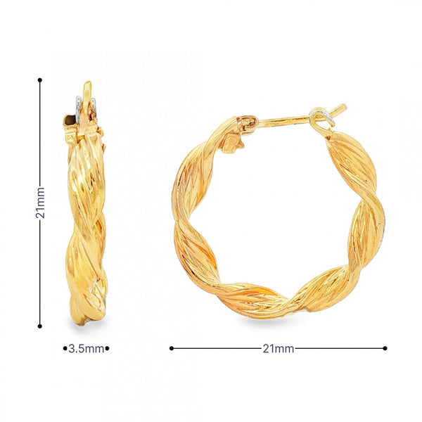 9ct Yellow Gold Twist Ribbon Hoop Earrings - 3.5x21x21mm - 2.0g