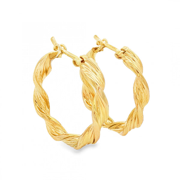 9ct Yellow Gold Twist Ribbon Hoop Earrings - 3.5x21x21mm - 2.0g