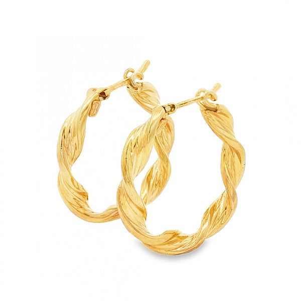 9ct Yellow Gold Twist Ribbon Hoop Earrings - 3.5x21x21mm - 2.0g