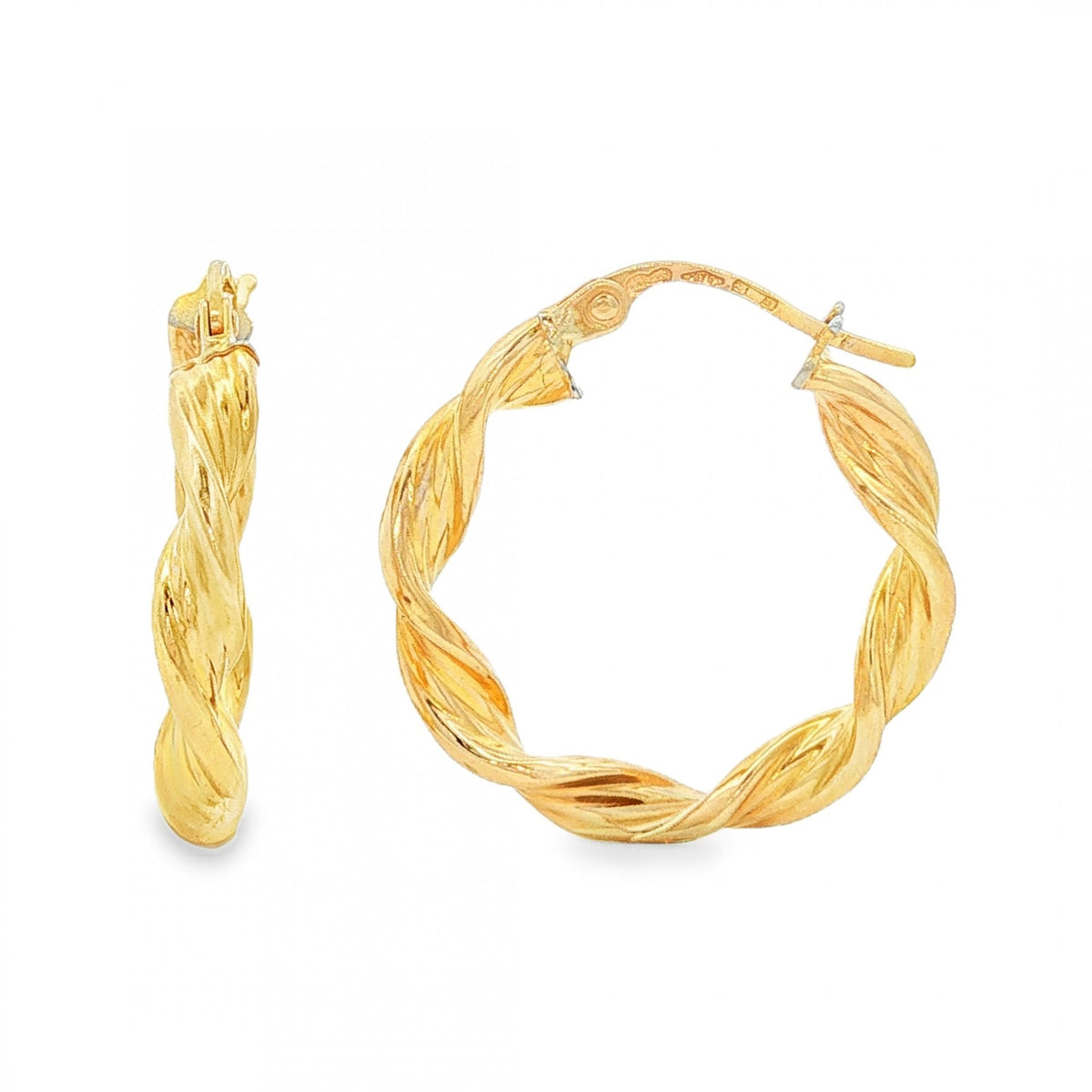 9ct Yellow Gold Twist Ribbon Hoop Earrings - 3.5x22x22mm - 1.7g