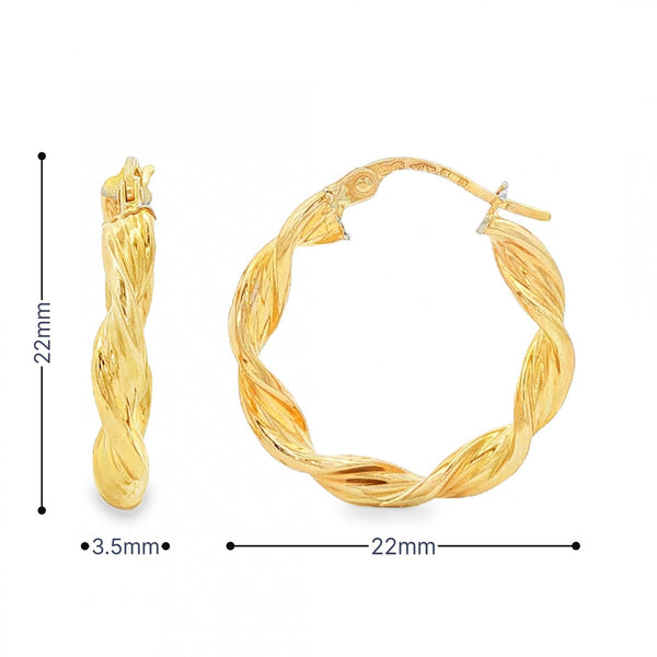 9ct Yellow Gold Twist Ribbon Hoop Earrings - 3.5x22x22mm - 1.7g
