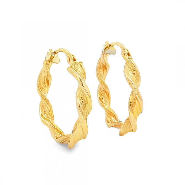 9ct Yellow Gold Twist Ribbon Hoop Earrings - 3.5x22x22mm - 1.7g