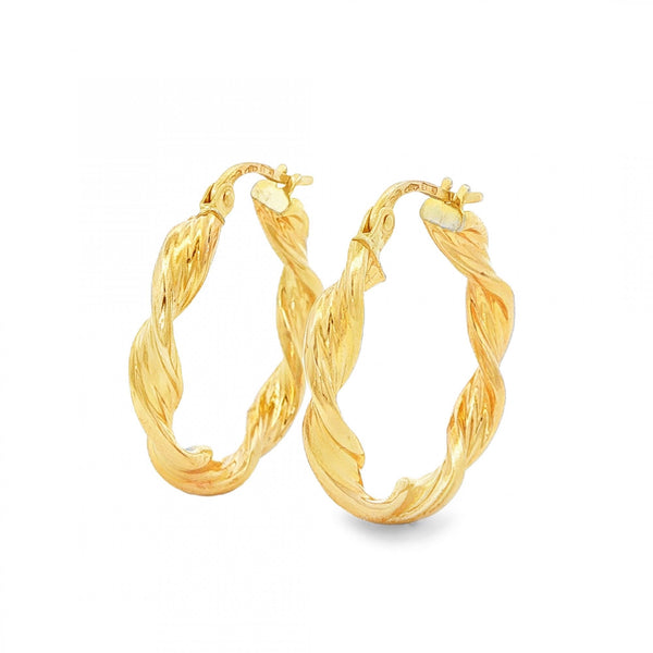 9ct Yellow Gold Twist Ribbon Hoop Earrings - 3.5x22x22mm - 1.7g