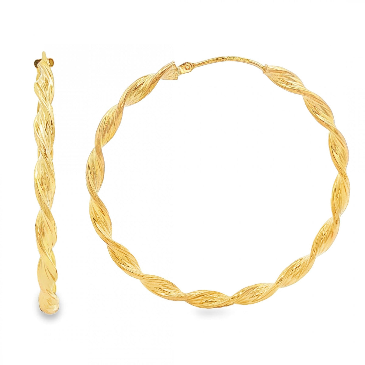 9ct Yellow Gold Large Twist Ribbon Hoop Earrings - 3.5x46x47mm