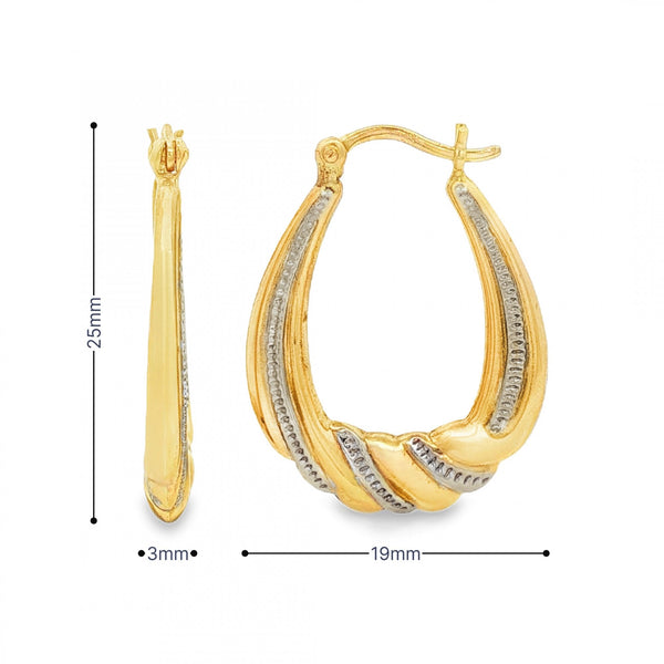 9ct Yellow & White Gold Patterned Oval Hoop Earrings - 3x25x19mm