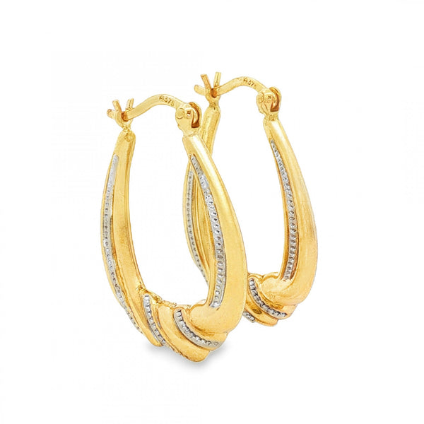 9ct Yellow & White Gold Patterned Oval Hoop Earrings - 3x25x19mm