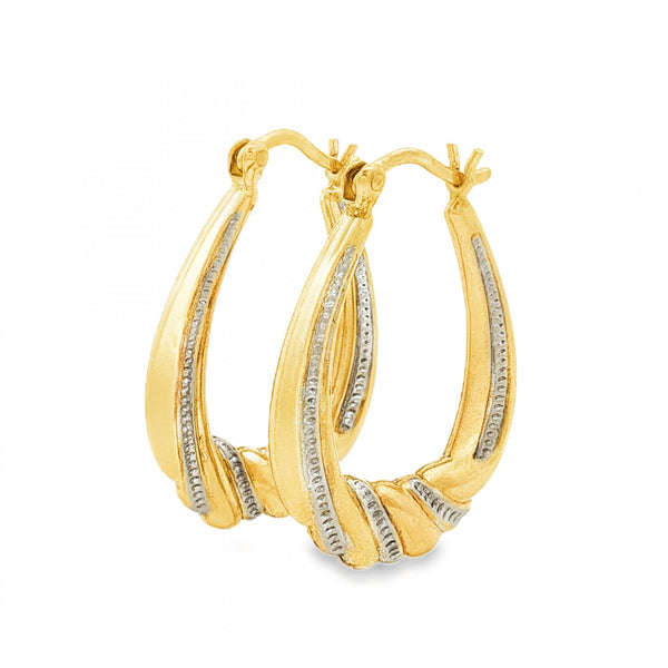 9ct Yellow & White Gold Patterned Oval Hoop Earrings - 3x25x19mm