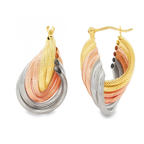 9ct Multi-Tone Gold Oval Rope-Tube Hoop Earrings - 18x30x18mm