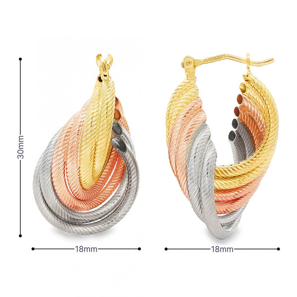 9ct Multi-Tone Gold Oval Rope-Tube Hoop Earrings - 18x30x18mm