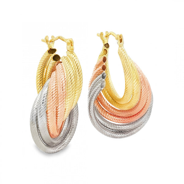 9ct Multi-Tone Gold Oval Rope-Tube Hoop Earrings - 18x30x18mm